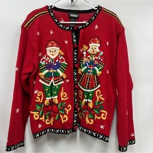 Vintage embroidery pom pom button up Red cardigan beaded Sweater size L FLAWS